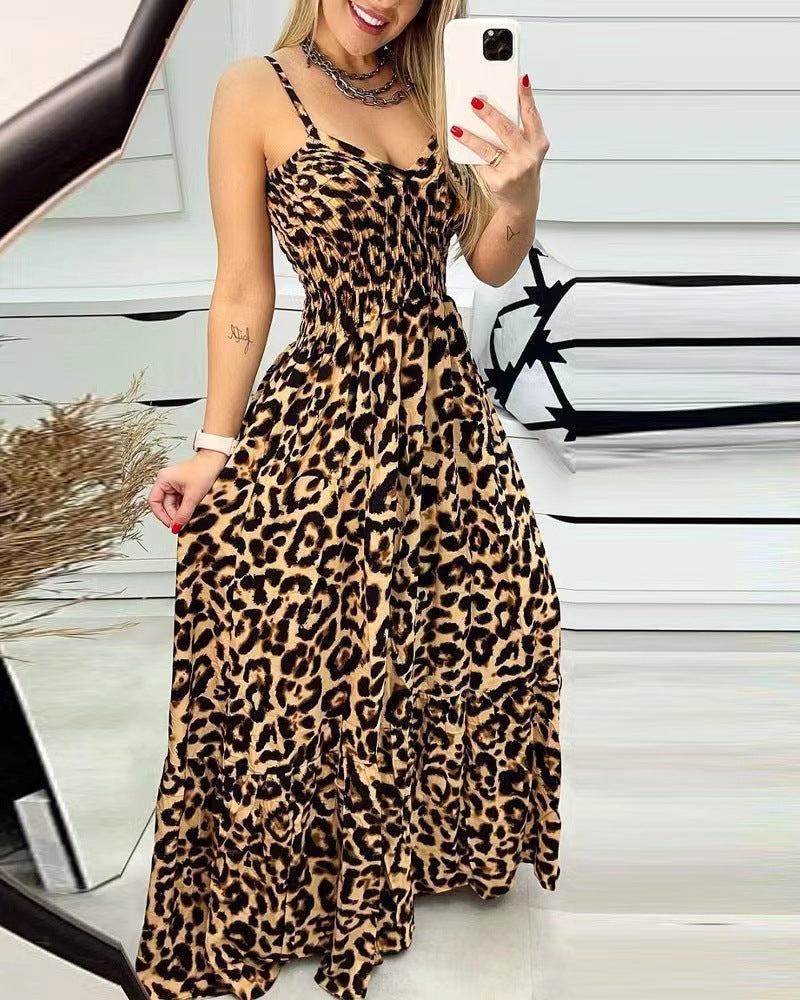 Women's Leopard Print Spaghetti Strap Tiered Maxi Dress V-Neck Smocked Waist Flowy Long Dress For Summer