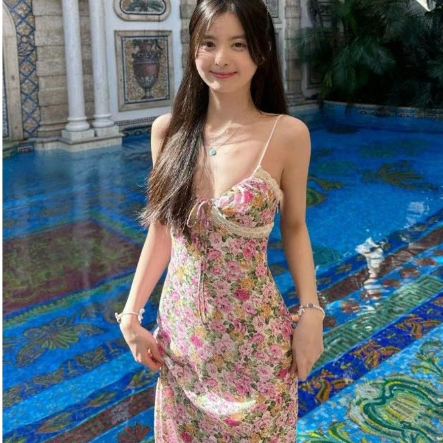 French-style Elegant Floral-print Strap Dress For Women