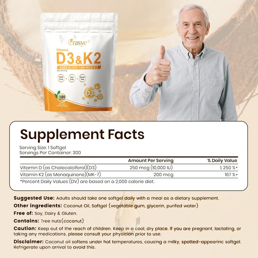 VitaminD3 K2 Softgels HighPotency Formula With Virgin Coconut Oil, 180 Count 2-in-1 Vitamin D & K Supplement Supporting Bone, Heart, And Immune Health