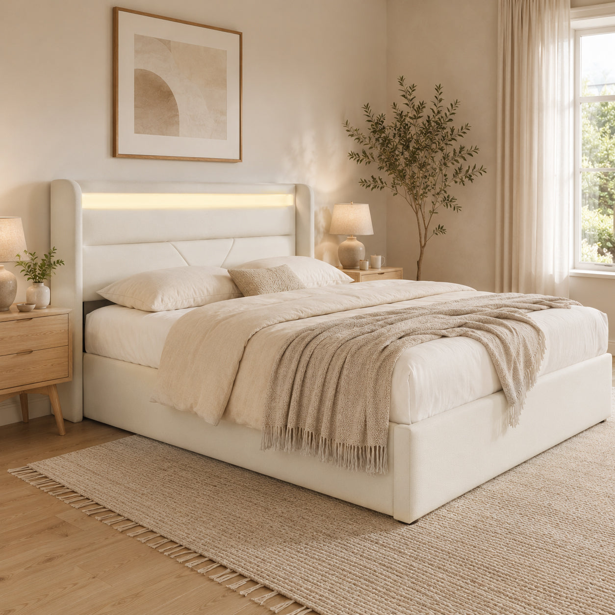 Hydraulic Storage Bed With LED Lighting Strip, Double Bed Bed Frame Upholstered Bed 160x200cm, Functional Bed, White  With Remote Control