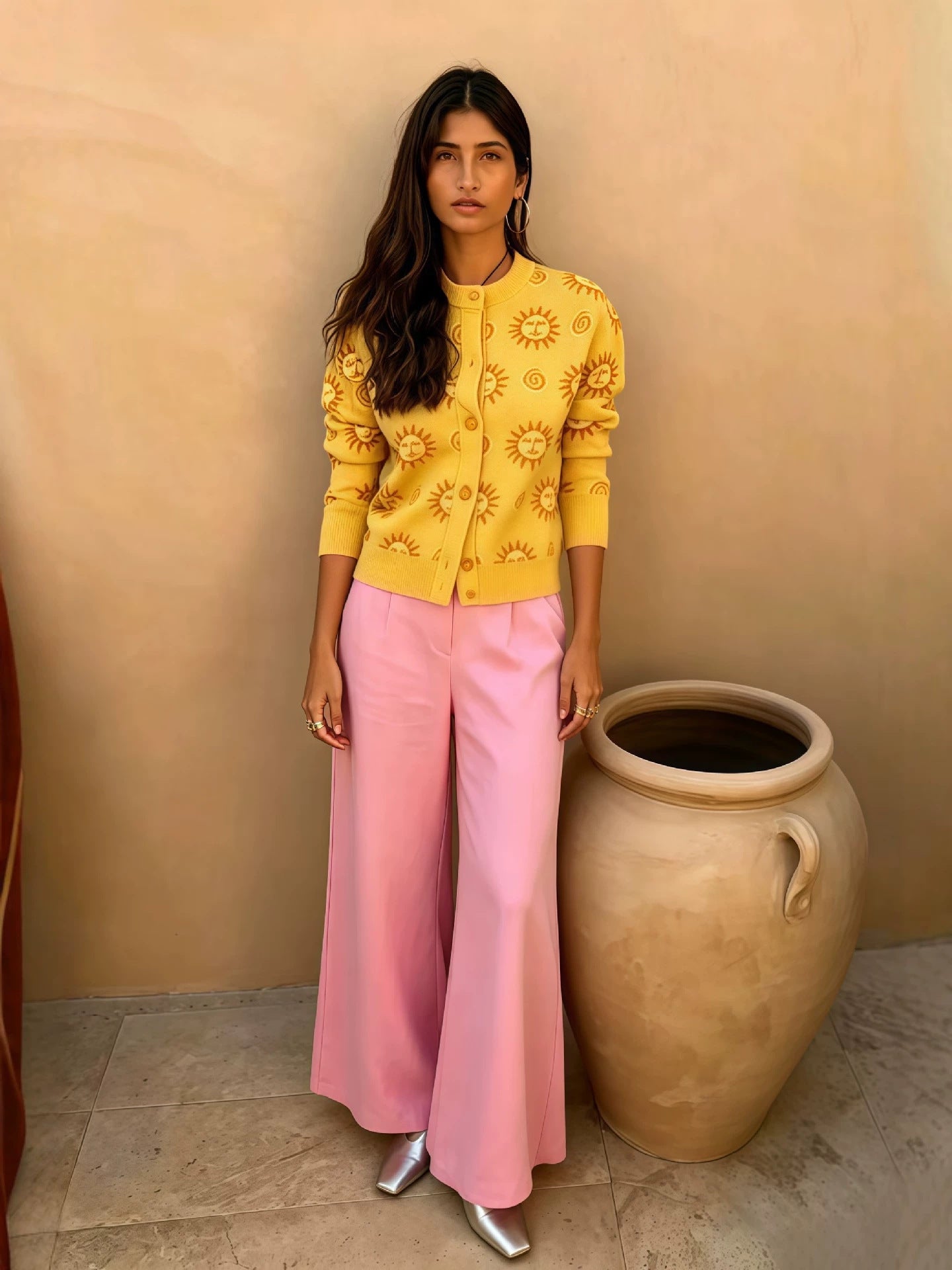 Spring And Autumn Vintage Knit Cardigan Paired With Draped Wide-leg Pants