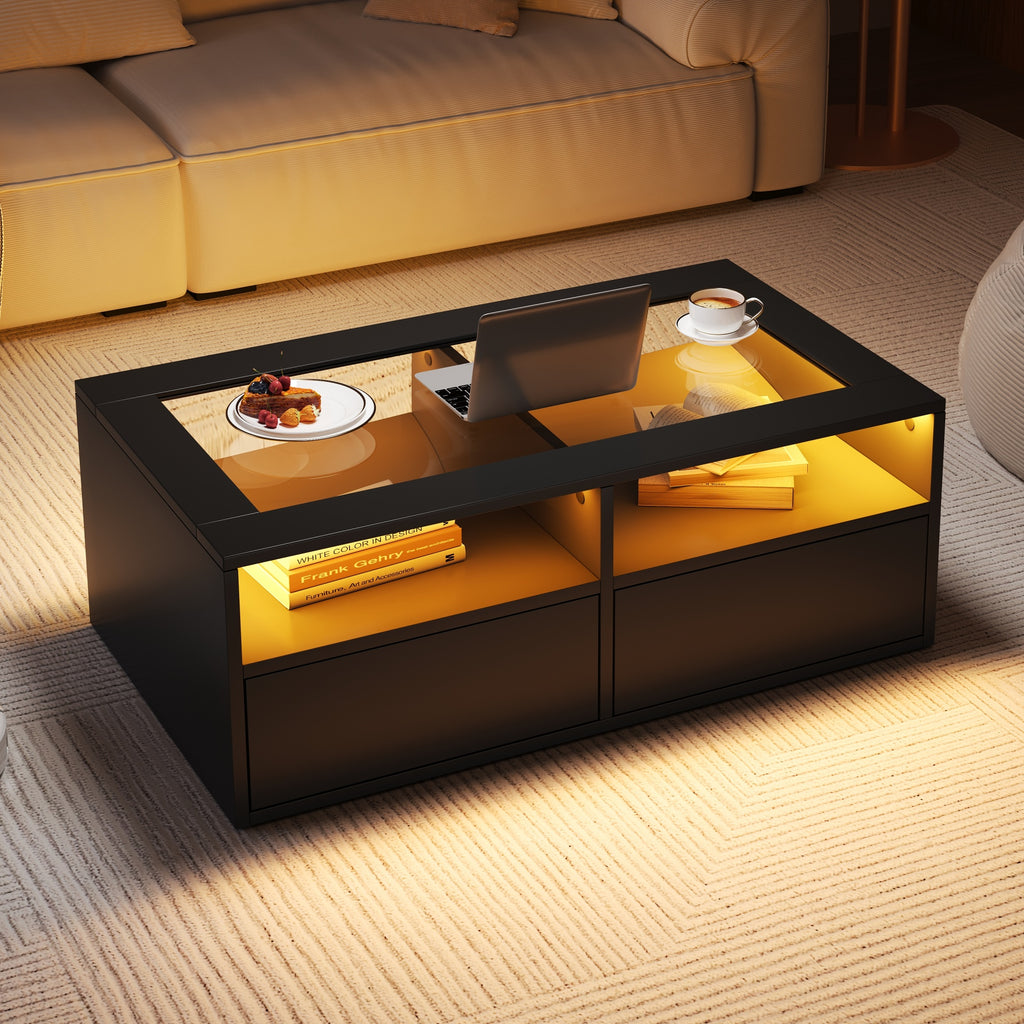 10 0 X50x35cm Couchtisch Mit LED-Licht, Sofatisch Mit 2 Schubladen, Wohnzimmertisch Aus Glas, Teetisch Doppelschichtiges Design, Offener Stauraum, Wohnzimmer Beistelltisch, Schwarz