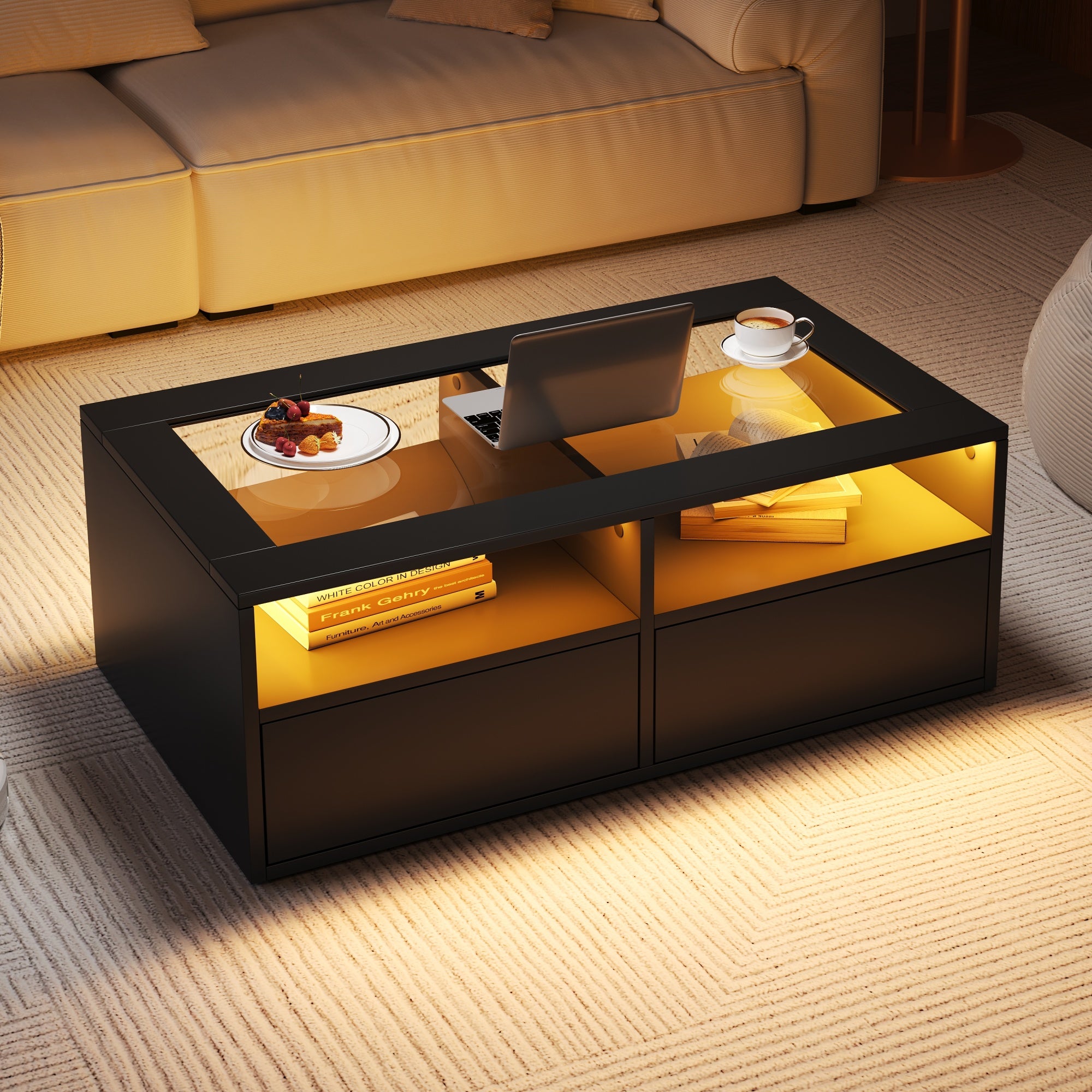 10 0 X50x35cm Couchtisch Mit LED-Licht, Sofatisch Mit 2 Schubladen, Wohnzimmertisch Aus Glas, Teetisch Doppelschichtiges Design, Offener Stauraum, Wohnzimmer Beistelltisch, Schwarz