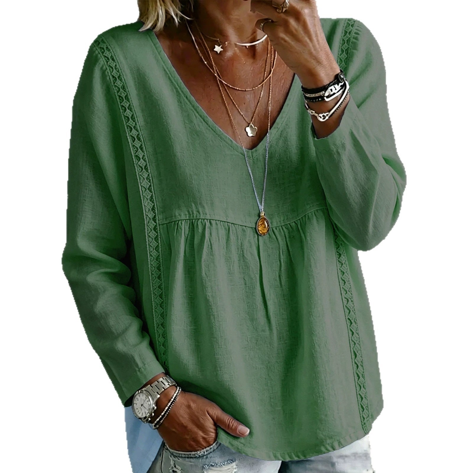 New Womens Lace-trimmed V-neck Pullover In Solid Color With Long Sleeves