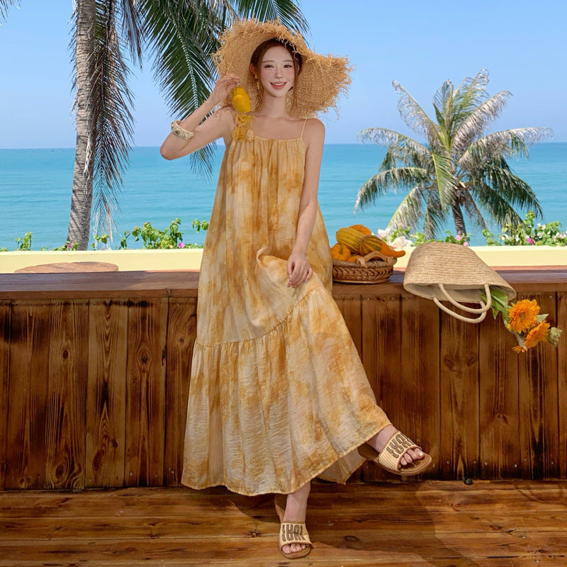 Orange-gold Gradient-printed U-neck Slip A-line Dress
