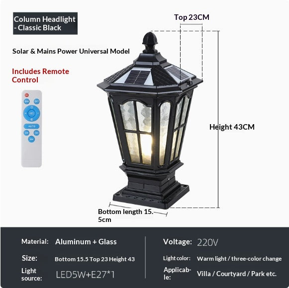 Pillar-top Solar-powered Outdoor Waterproof Lamp For Courtyards
