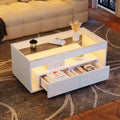 Modern Coffee Table With LED Light, Rectangular Sofa Table With 2 Large Drawers, Spacious Glass Living Room Table, Double-layered Design, High Gloss, Large Living Room Table, White