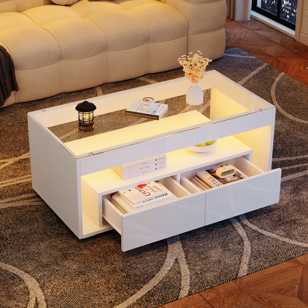 Modern Coffee Table With LED Light, Rectangular Sofa Table With 2 Large Drawers, Spacious Glass Living Room Table, Double-layered Design, High Gloss, Large Living Room Table, White