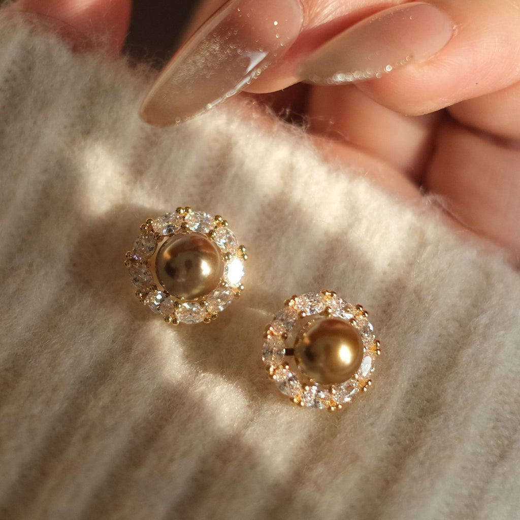 Classic Elegant Light Luxury Niche Round Champagne Pearl Sparkling Stud Earrings, Versatile New Autumn Winter Jewelry