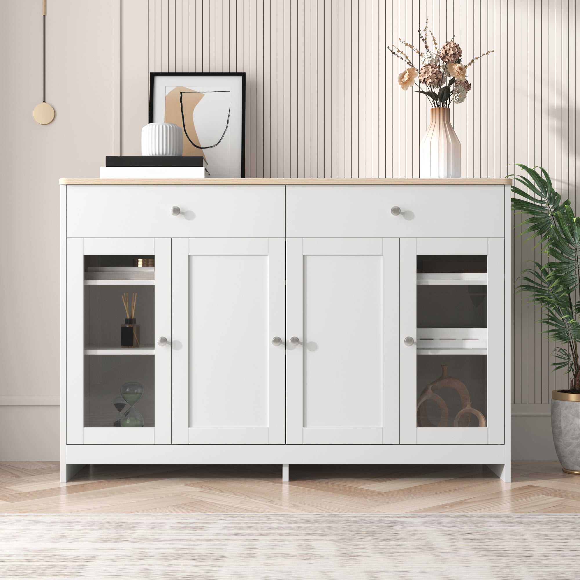Sideboard With White Wood Grain, Four Doors, Two Drawers, And Glass-fronted Doors. Suitable For Living Room And Dining Room. Wood Finish And White.