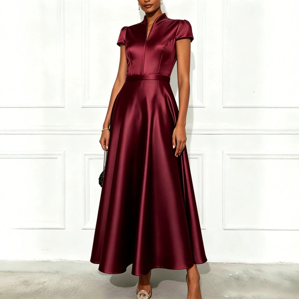 Solid-color Knitted Satin Short-sleeve Waist-cinching Swing Dress