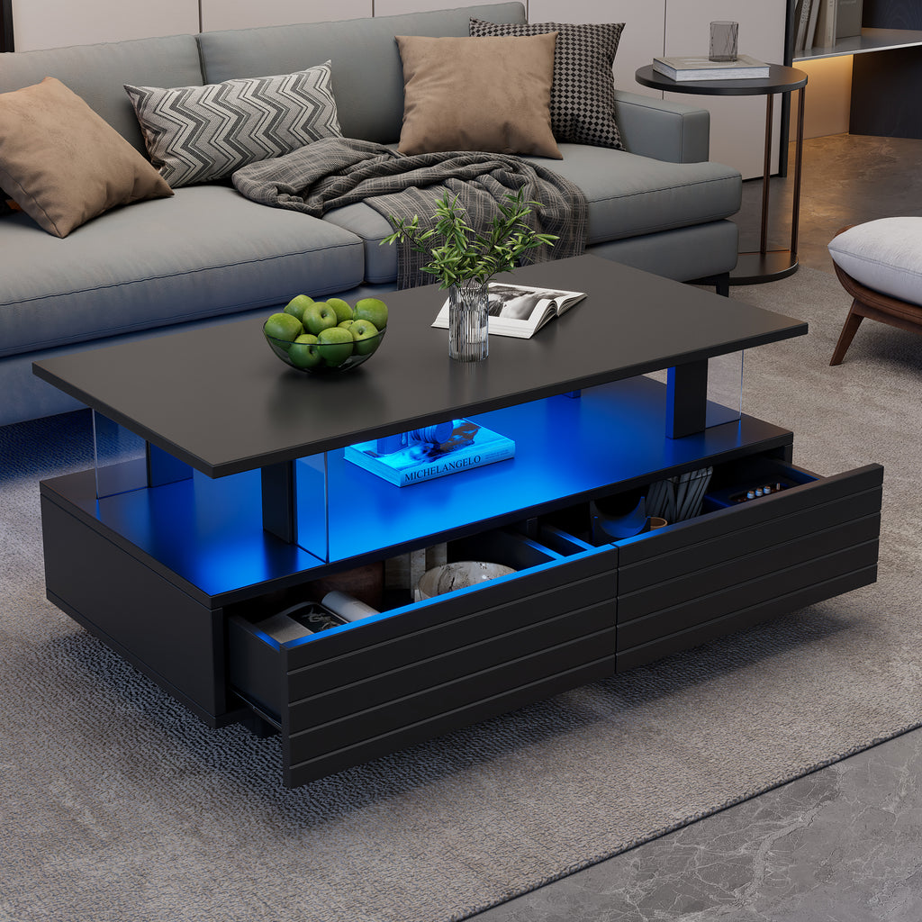 Black LED Coffee Table With Storage Function, Acrylic LED Living Room Table, Bistell Table, Double Layer Rectangular Coffee Table With Bluetooth Mobile Phone App Control, Suitable For Parties, Offices