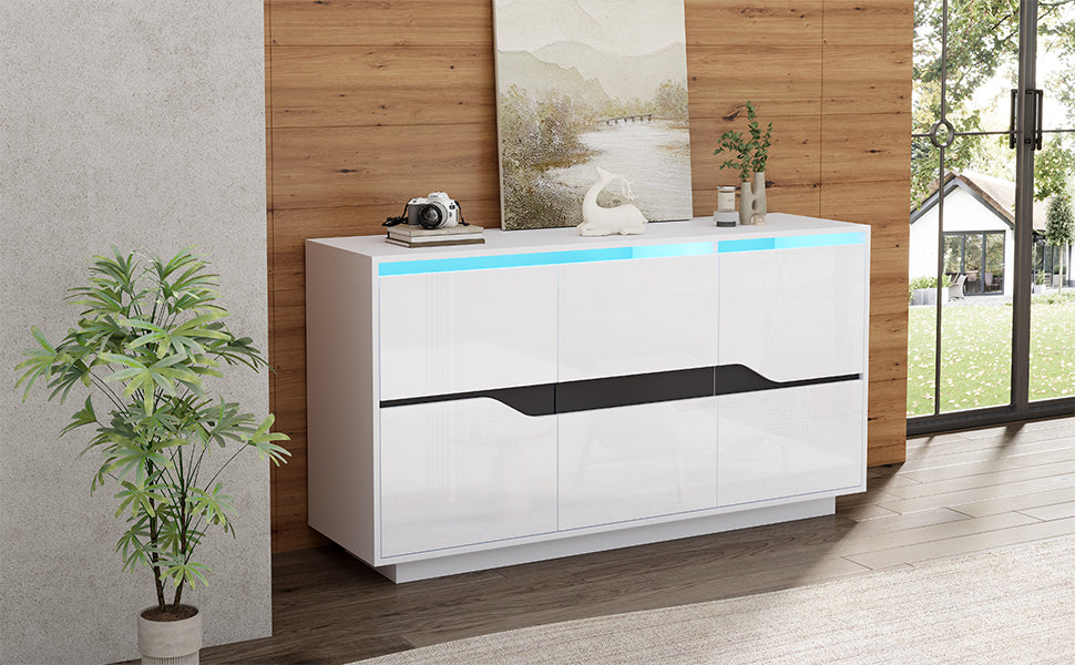 140X40X70cm Living Room Credenza,Sideboards With 3 Doors,Versatile Chest Of Drawers With Adjustable Dividers,Wide Handleless Lockers,High Gloss Sofa Side Cabinet With LED,White-Black