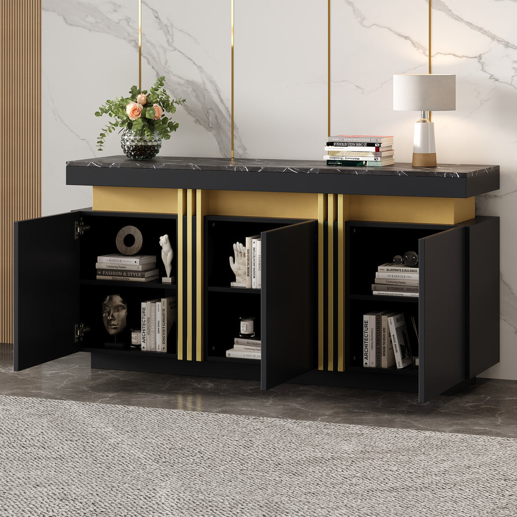 140x38x70cm Modern Black Sideboard Display, 3 Doors, Dining Room Cabinet With Adjustable Dividers, Perfect For Kitchen, Living Room, Dining Room, Hallway,Black And Gol, Wide Handleless Lockers