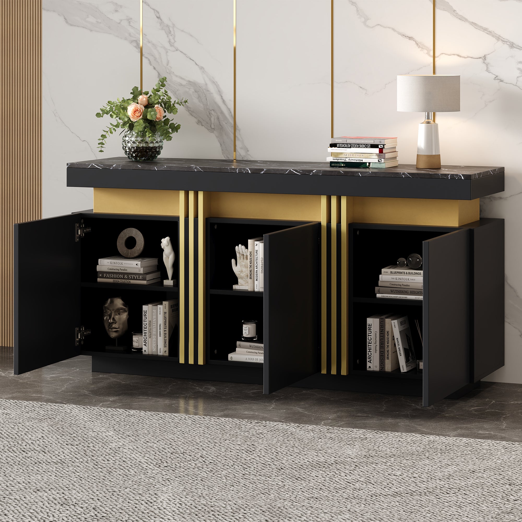140x38x70cm Modern Black Sideboard Display, 3 Doors, Dining Room Cabinet With Adjustable Dividers, Perfect For Kitchen, Living Room, Dining Room, Hallway,Black And Gol, Wide Handleless Lockers