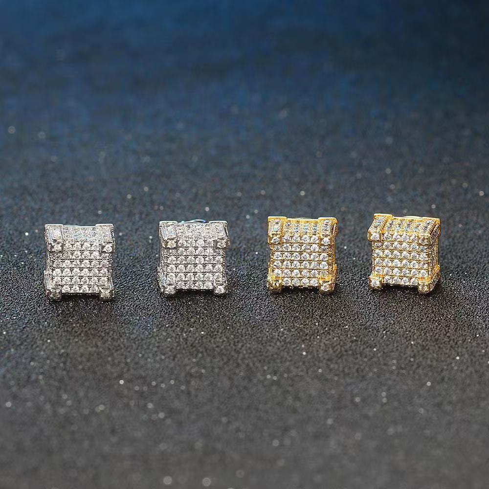 2026 Autumn European & American Bestselling Square Stud Earrings For Men, Micro Paved Full Zircon Hip Hop Street Trend Popular Ear Jewelry