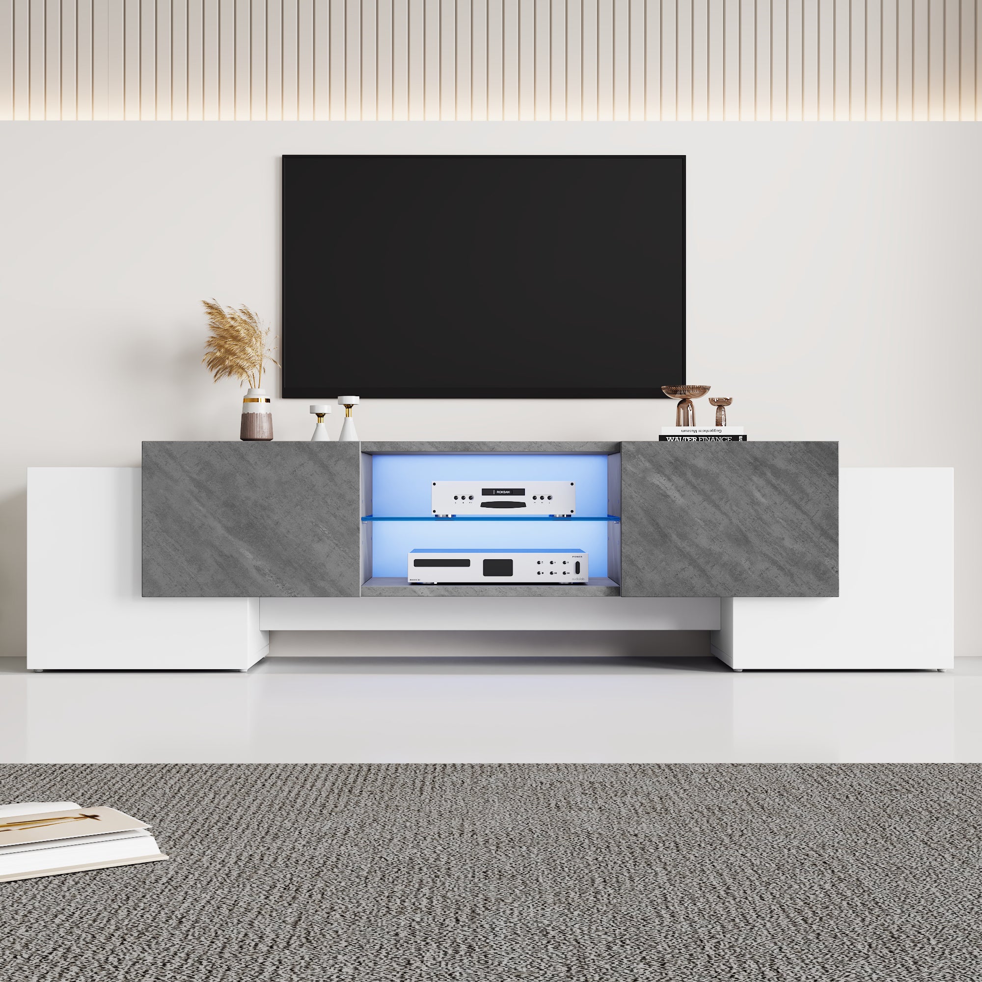 180x40x46.5cm Plain White And Grey TV Cabinet With Bluetooth LED, Lowboard TV Cabinet Suitable For Living Room TV Cabinets With 60-65-70 Inch TVs