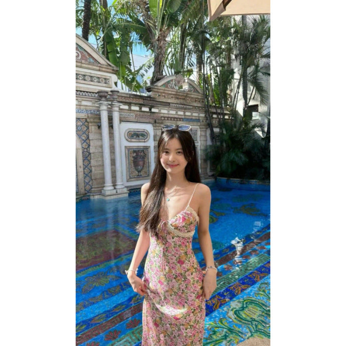 French-style Elegant Floral-print Strap Dress For Women