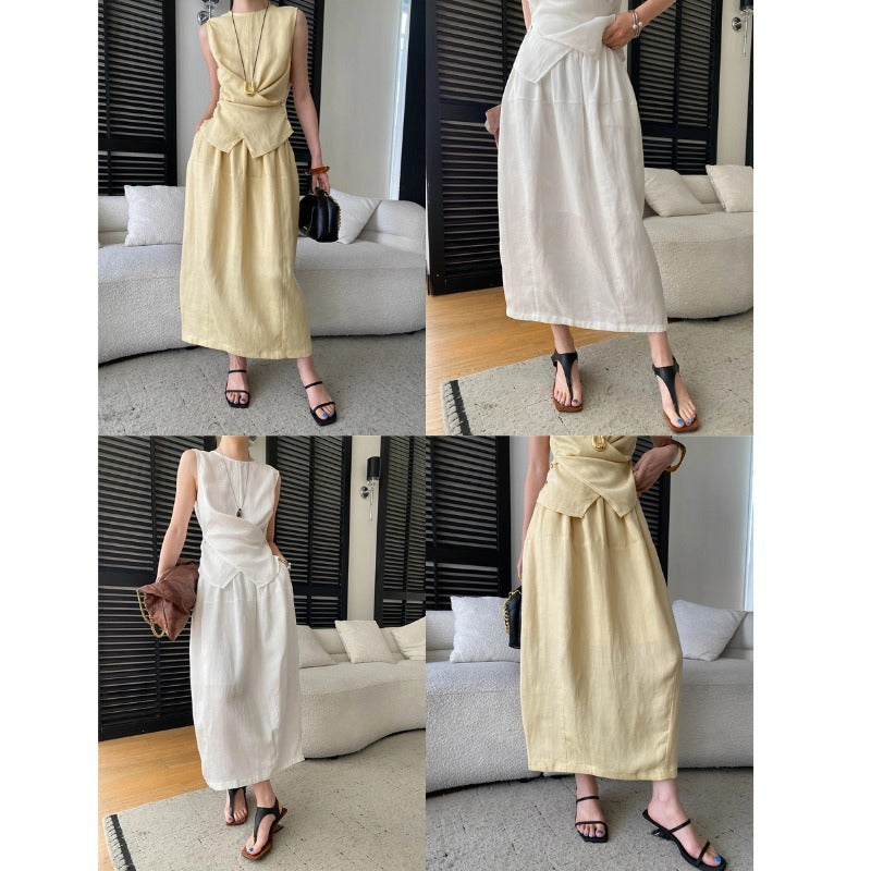 Split-neck Sleeveless Blouse And Elastic-waist Skirt Set