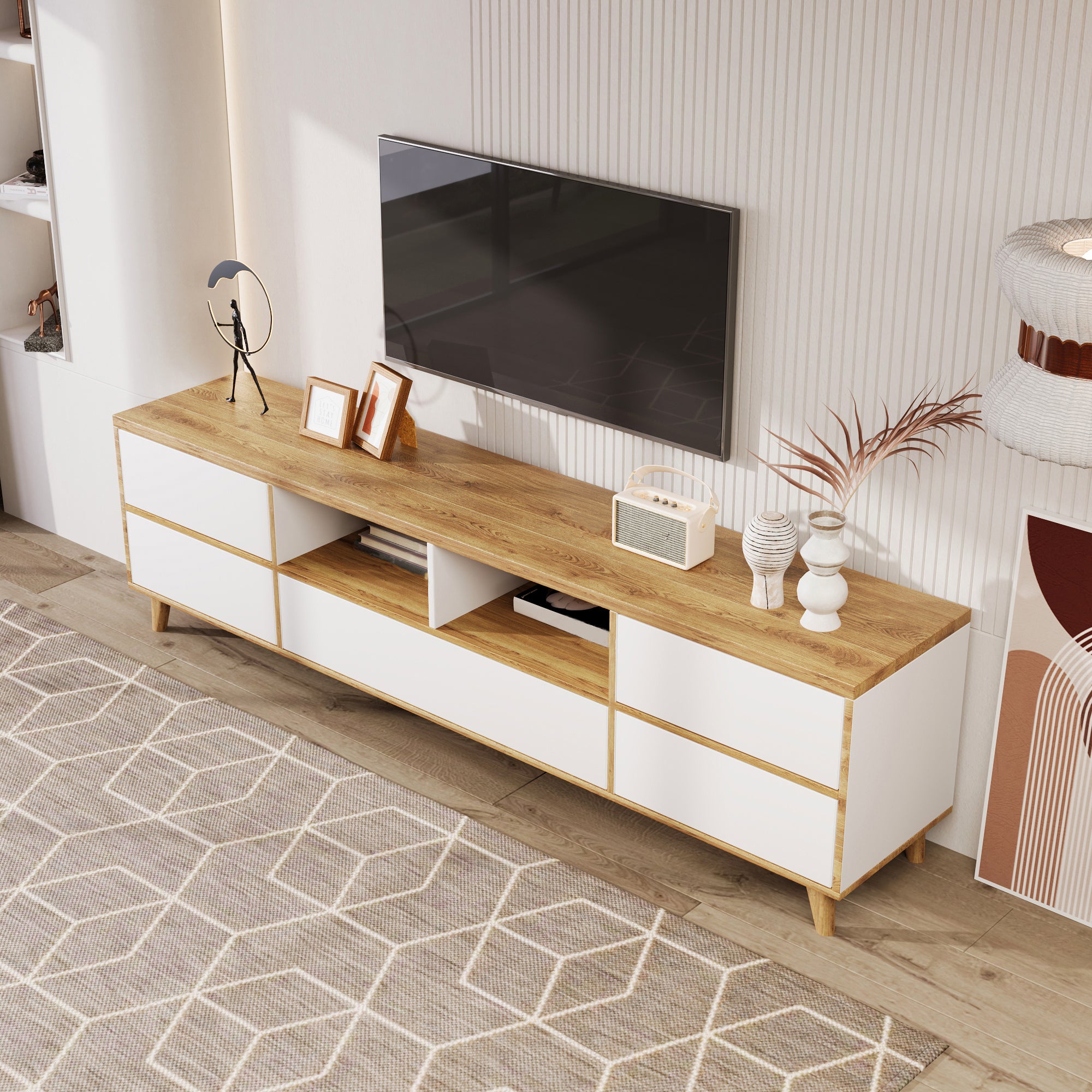 TV Cabinetlowboard, Living Room Furniture In White And Wood Tones. Features Compartments And Doors In A Natural Country-house Style.