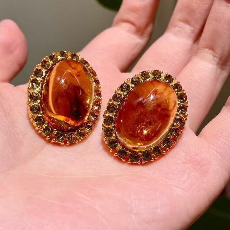 Vintage Mid-Century Maillard Style Amber Tone Oval Rhinestone Earrings, High-End Light Luxury Elegant Stud Jewelry For Women