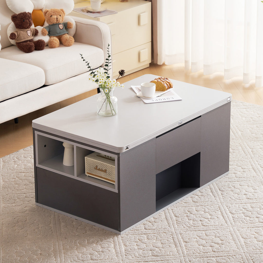 313593594GAAHebable Multifunction Coffee Table - Table Top Opens To 2 Tables, Dark Grey  Light Grey, Large Capacity, Modern Living Room Furniture, Office Dining Table Side Table Multifunction Table