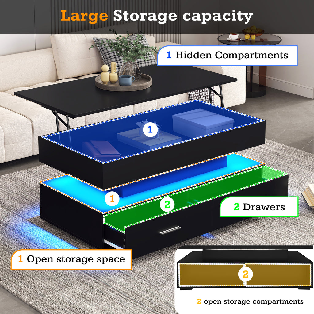 100X50X44cm Hydraulic Height Adjustable Coffee Table, With LED Lighting, Bluetooth APP Control, 2 Drawers And Open Storage,Black Liftable Coffee Table