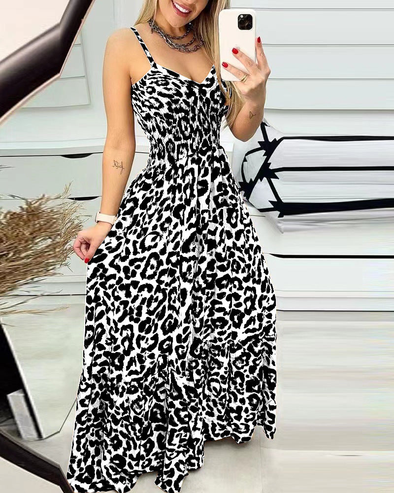 Women's Leopard Print Spaghetti Strap Tiered Maxi Dress V-Neck Smocked Waist Flowy Long Dress For Summer