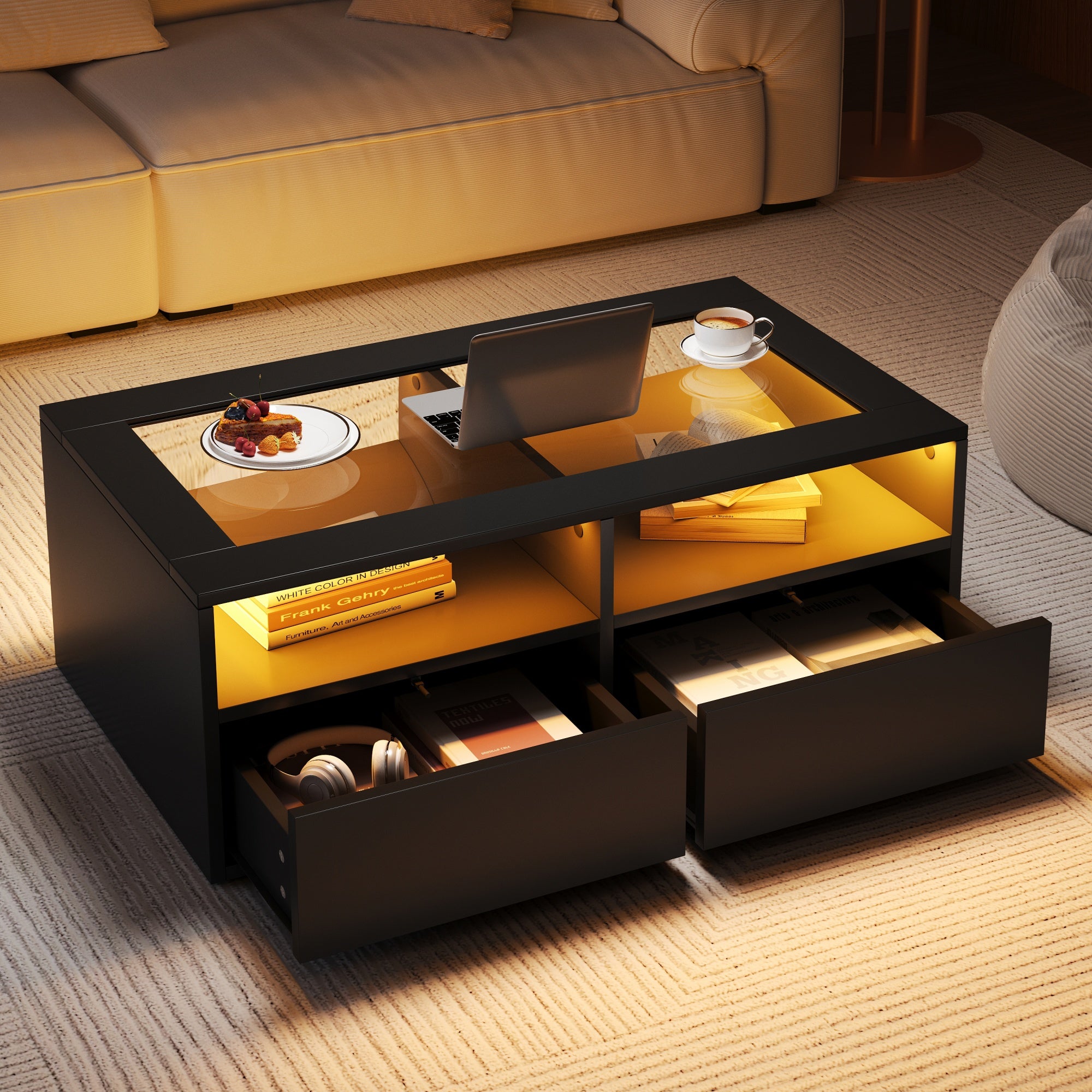 10 0 X50x35cm Couchtisch Mit LED-Licht, Sofatisch Mit 2 Schubladen, Wohnzimmertisch Aus Glas, Teetisch Doppelschichtiges Design, Offener Stauraum, Wohnzimmer Beistelltisch, Schwarz