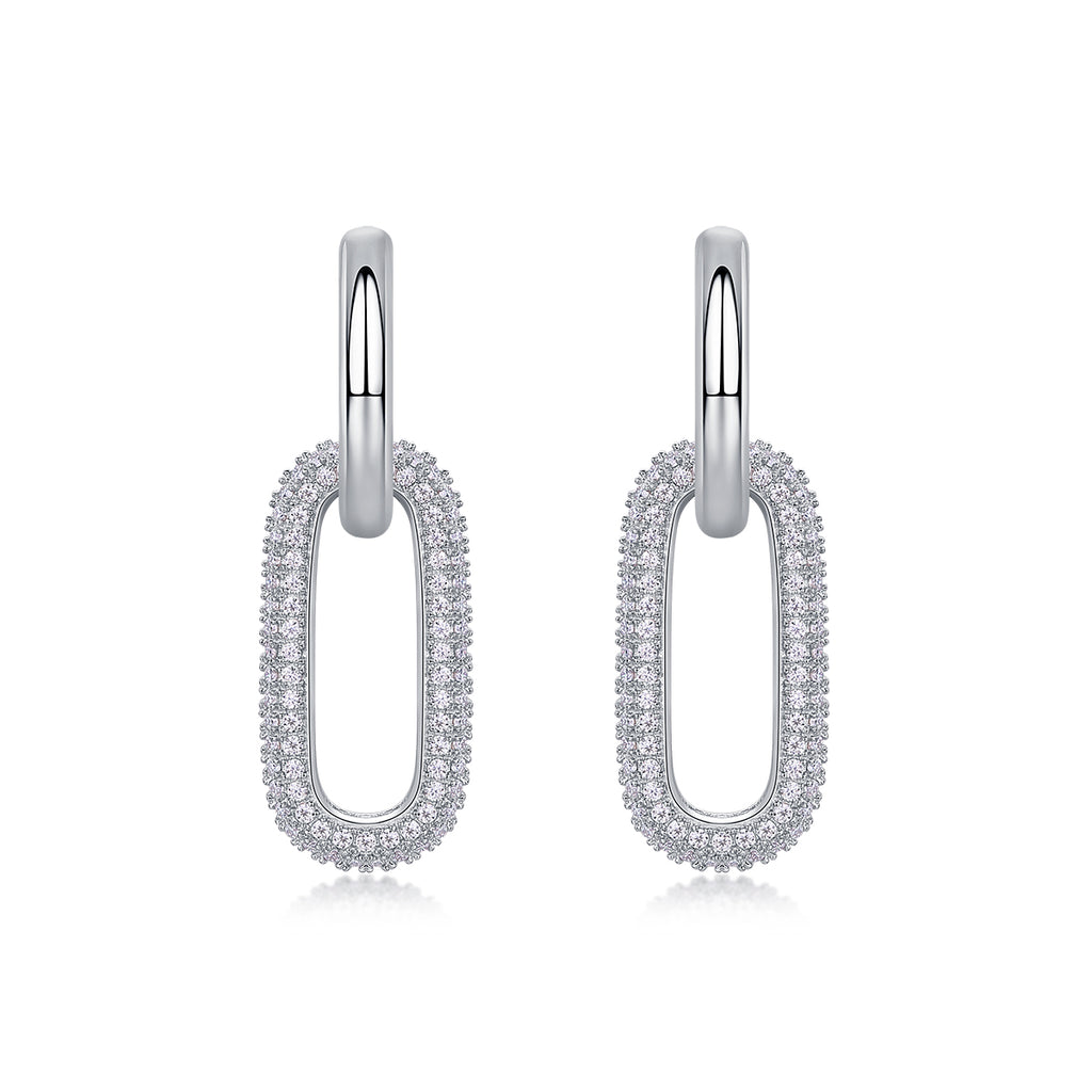 S925 Sterling Silver Geometric Link Drop Earrings, D-VVS1 Moissanite Pave, Platinum Plated 9.4g Women's Jewelry Gift Box