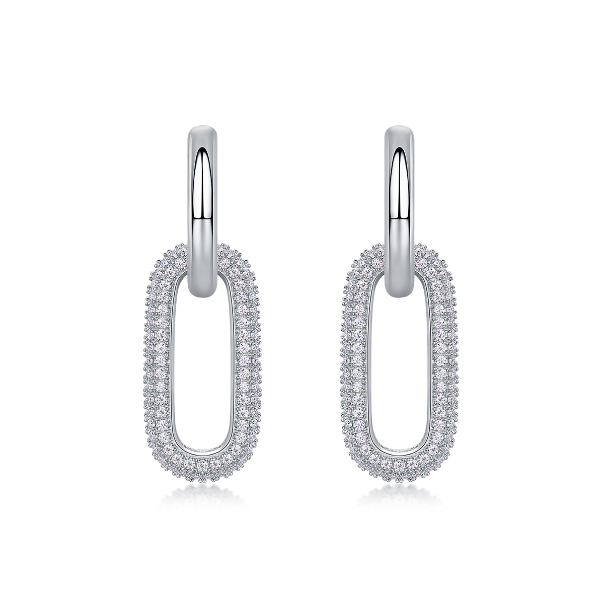 S925 Sterling Silver Geometric Link Drop Earrings, D-VVS1 Moissanite Pave, Platinum Plated 9.4g Women's Jewelry Gift Box