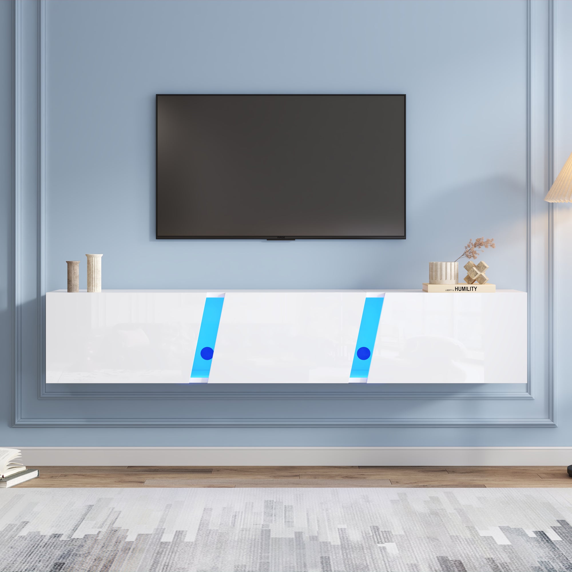 180 X 35 X 30 Cm, Wall Mounted TV Cabinet, Lowboard TV Cabinet With LED Lights, TV Stand With 3 Cabinet Doors, Suitable For 75 Inch TV, TV Cabinet TV Cabinet High Gloss, White