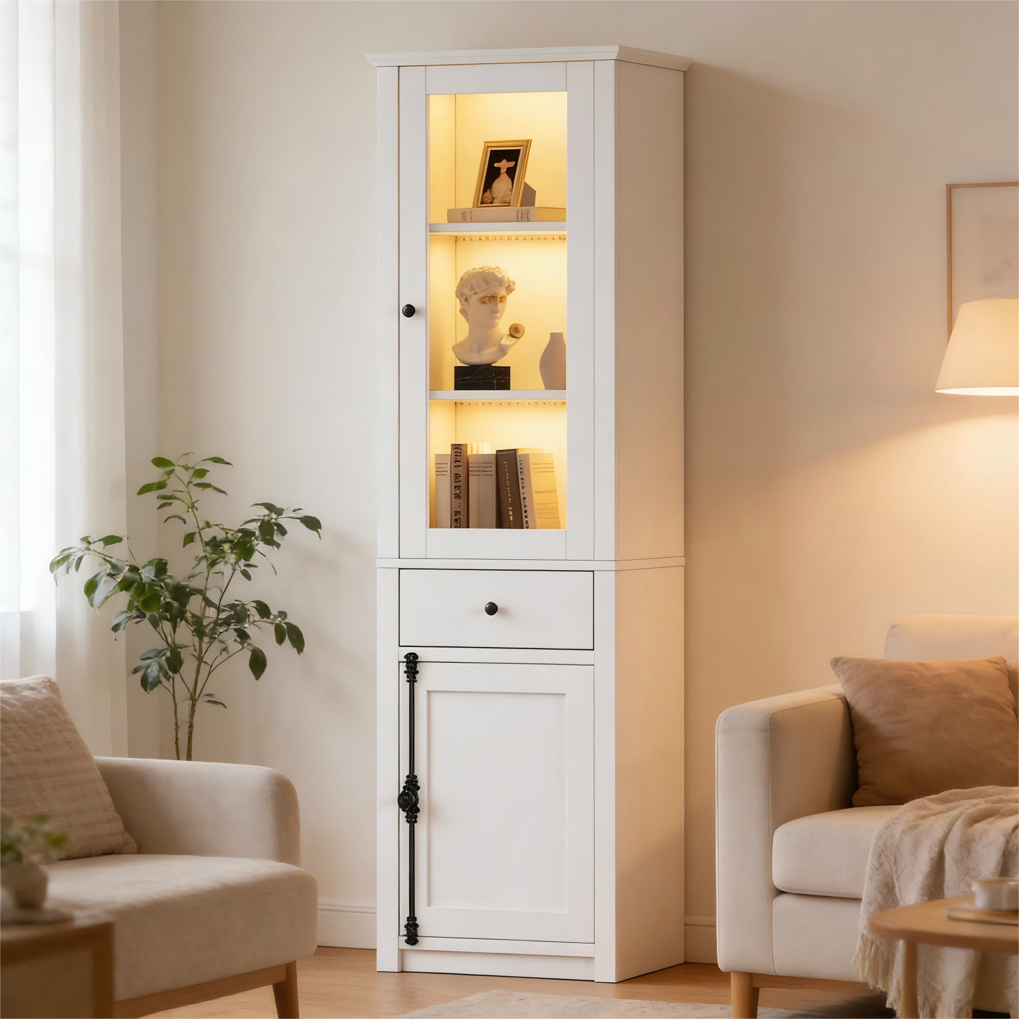 55X40X200cm Tall Cabinet,Display Case With One Drawer,Standing Display Case With 2 Cabinet Doors, Glass Display Case With LED,White,With Metal And Aluminum Alloy Handles