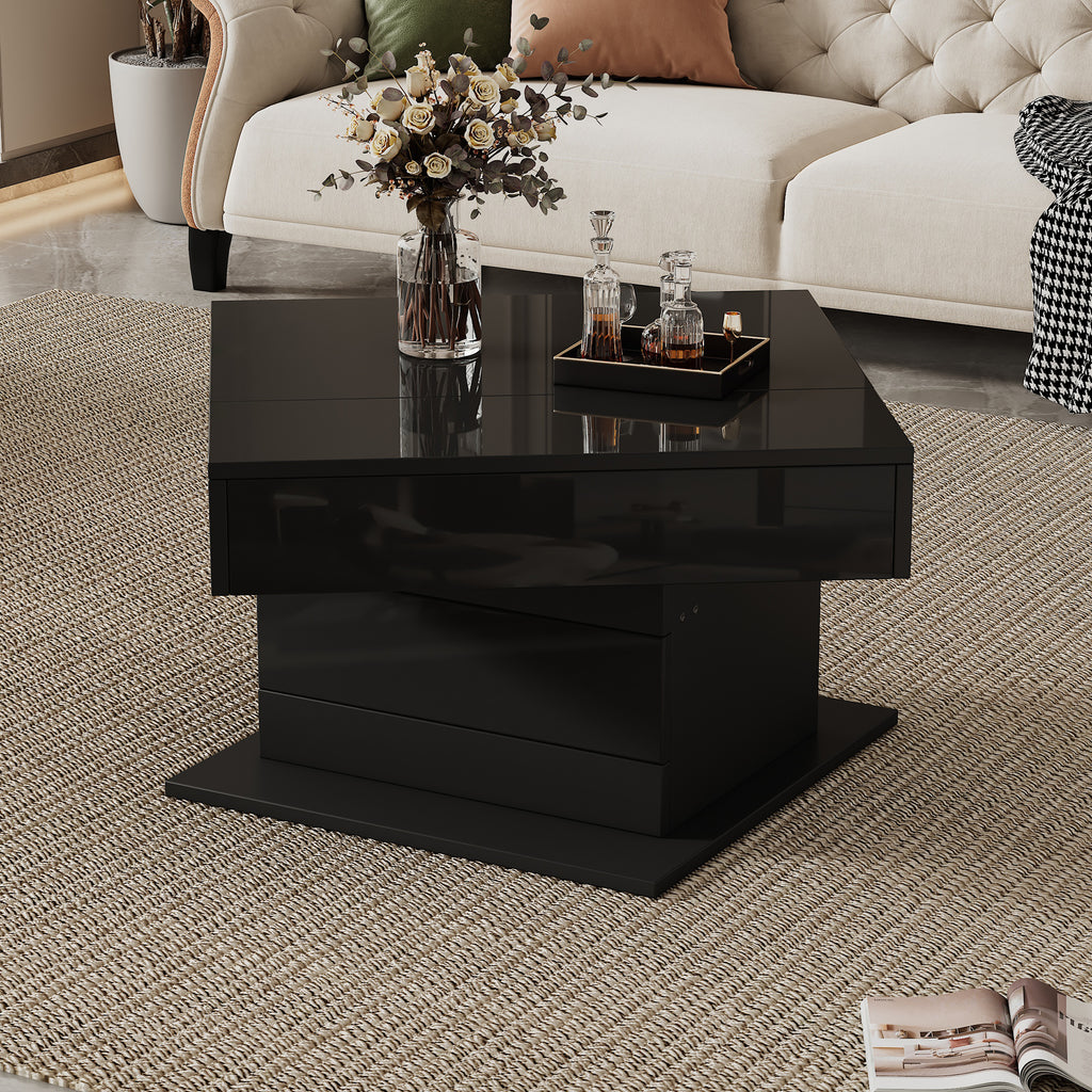 70x70x45cm Geometric Coffee Tish,Top Table Top 360 Free Swivel,Liftable Coffee Table With 1 Drawer,High Gloss Living Room Table With Hidden Storage, Sofa Table,Side Table,Black