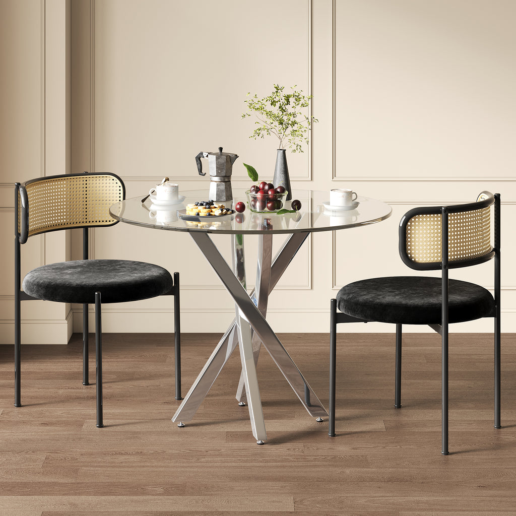 Dining Table Set Including Dining Table And 2 Chairs 80x80x75 Tabletop Made Of Tempered Glass, Modern Dining Table, Galvanized Table Legs, Coffee Table, Black Dining Chairs, Silver Table Legs
