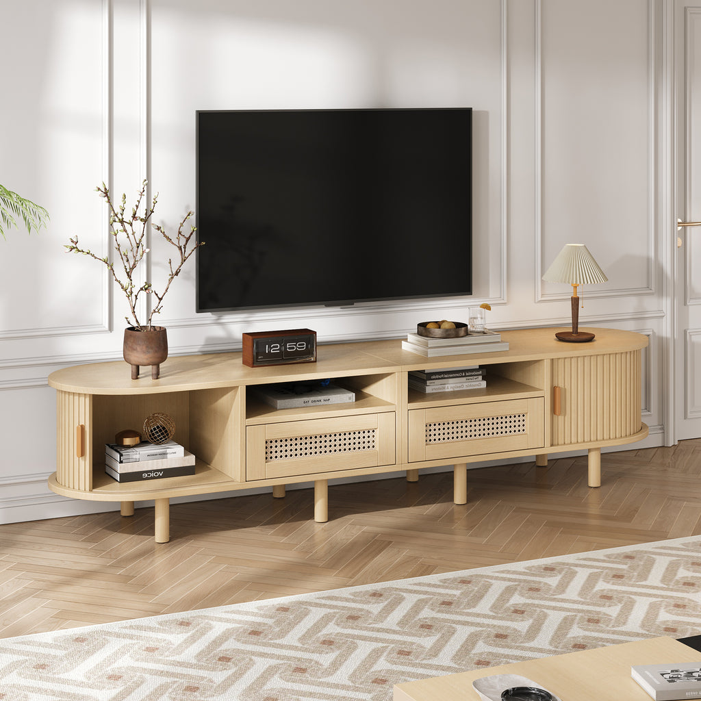 170x40x40cm Oval TV Stand And TV Stand,TV Cabinet With 2 Rattan Design Drawers,2 Sliding Door,Lowboard And TV Stand Up To 70 Inches,TV Board And TV Dresser,Wood Color