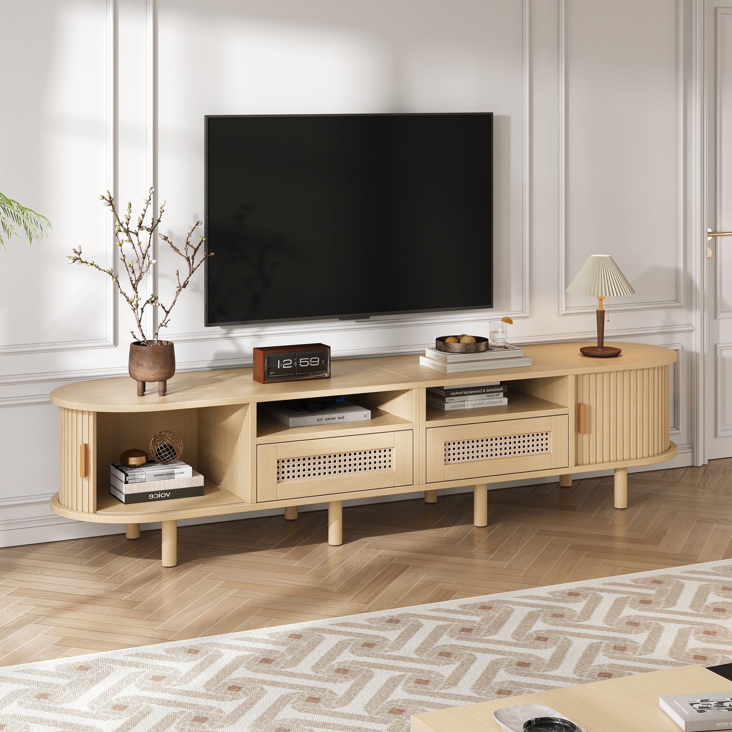 170x40x40cm Oval TV Stand And TV Stand,TV Cabinet With 2 Rattan Design Drawers,2 Sliding Door,Lowboard And TV Stand Up To 70 Inches,TV Board And TV Dresser,Wood Color