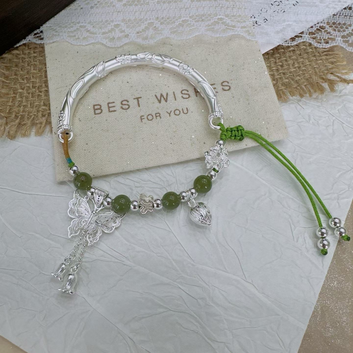 1pcs 999 Sterling Silver Half Bangle Butterfly Tassel Hetian Jade Bead Braided Bracelet, Elegant Chinese Style, For Women Hanfu Daily Wear & Anniversary Birthday Gift