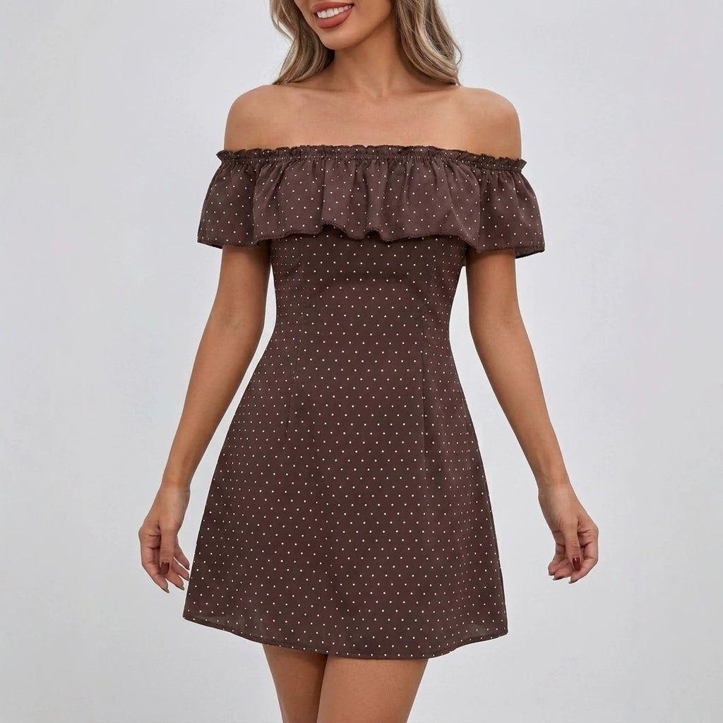 Womens Polka-dot Off-shoulder Dress