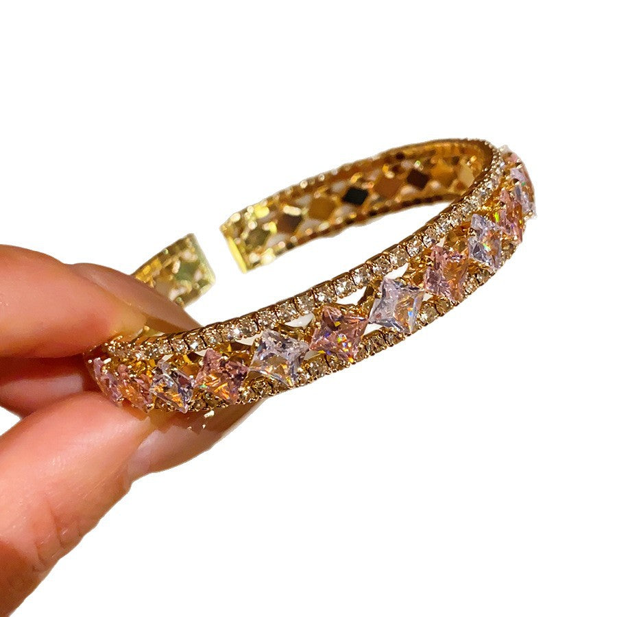 Luxury Vintage Court Style Rhinestone Zircon Bangle, Elegant French Design High-End Texture Universal Matching Fashion Wrist Accessory