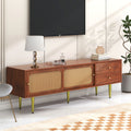 Stylish TV Stand With Rattan Sliding Doors And Practical Drawers, Walnut With Dark Plastic Rattan, 2 Drawers, 2 Rattan Sliding Doors, 4 Storage Compartments, 160x40x60cm.