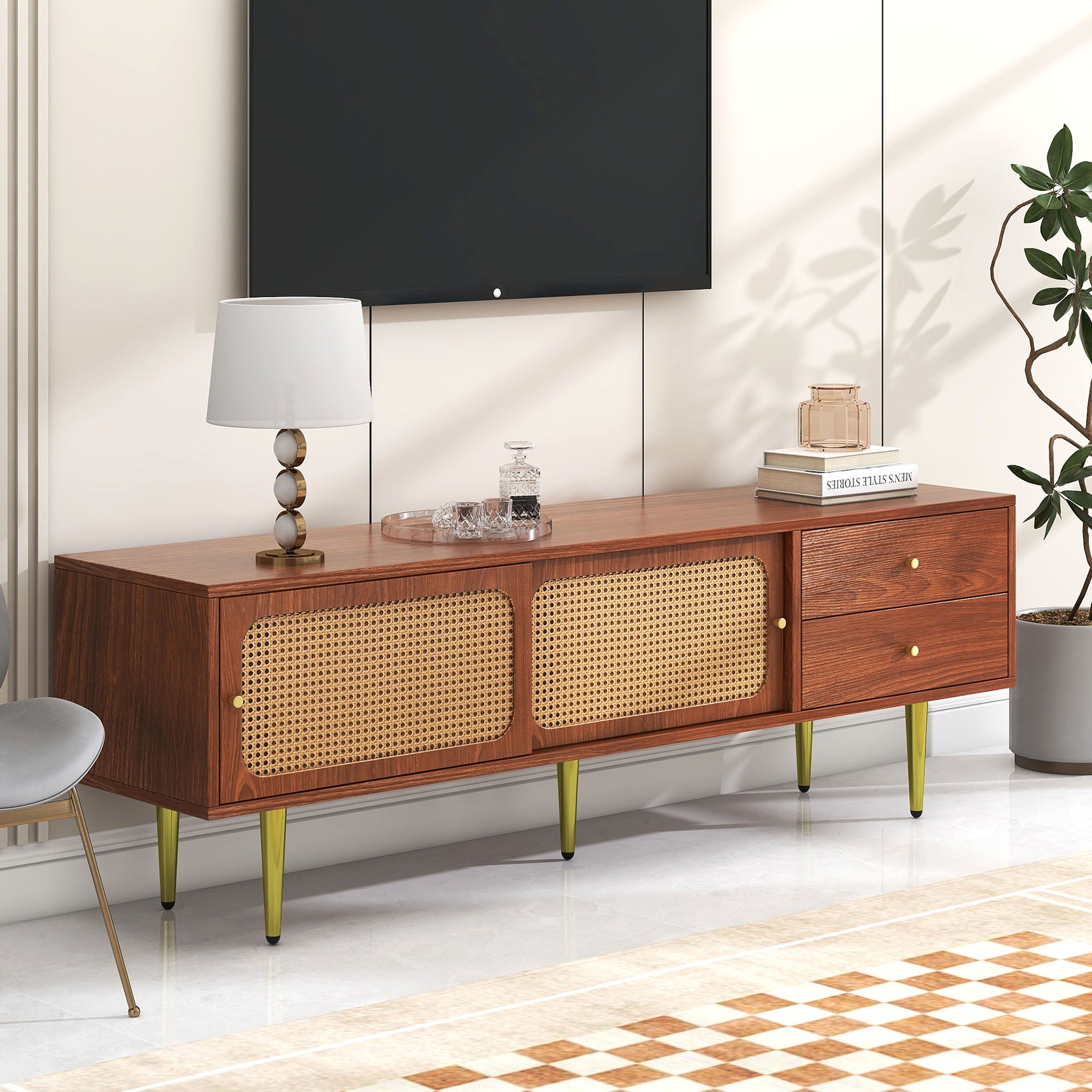 Stylish TV Stand With Rattan Sliding Doors And Practical Drawers, Walnut With Dark Plastic Rattan, 2 Drawers, 2 Rattan Sliding Doors, 4 Storage Compartments, 160x40x60cm.