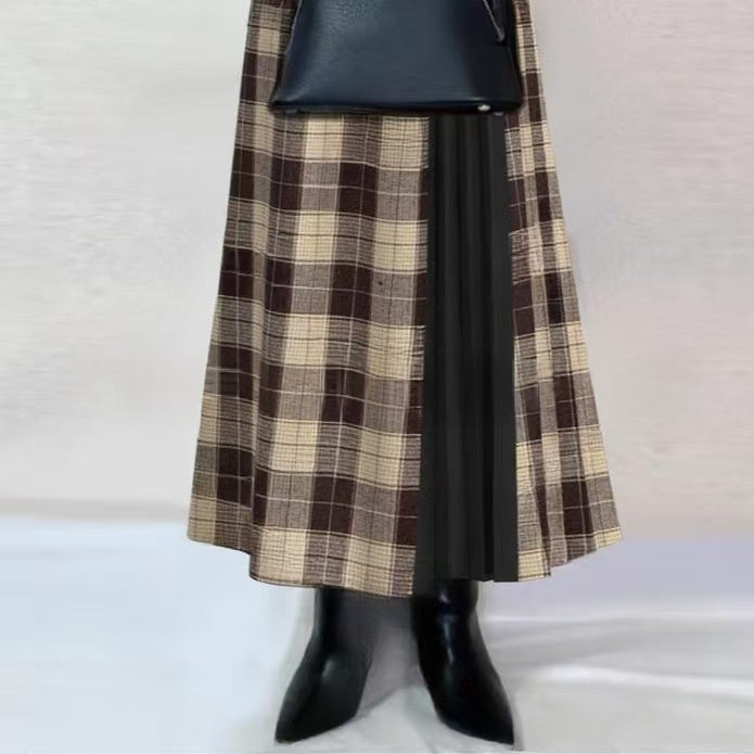 Color-block Sweater Plaid Color-block Skirt Two-piece Set