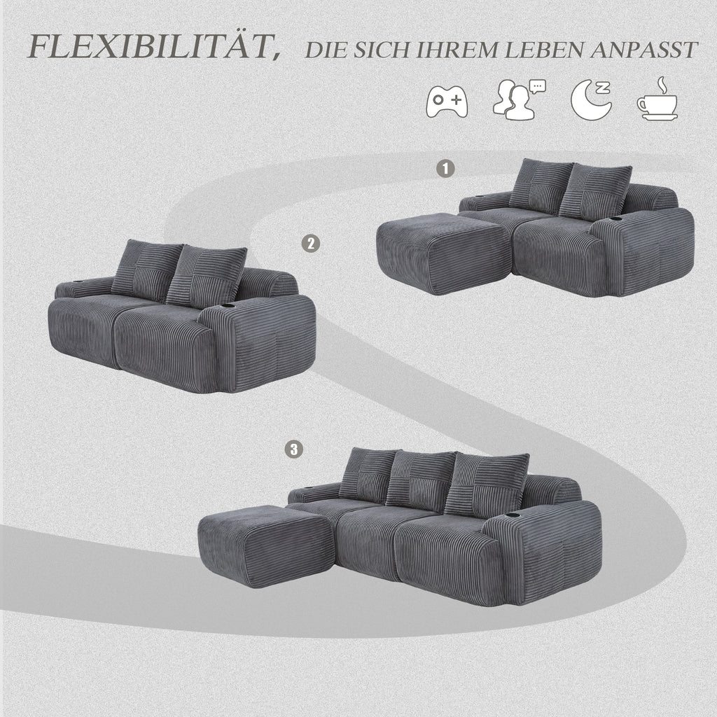 Modular Corduroy Sofa For 3 People  With Stools , Freely Combinable, Including Cup Holder And Side Storage Bag, Ideal For Living Room, Family Room And Other Rooms.
