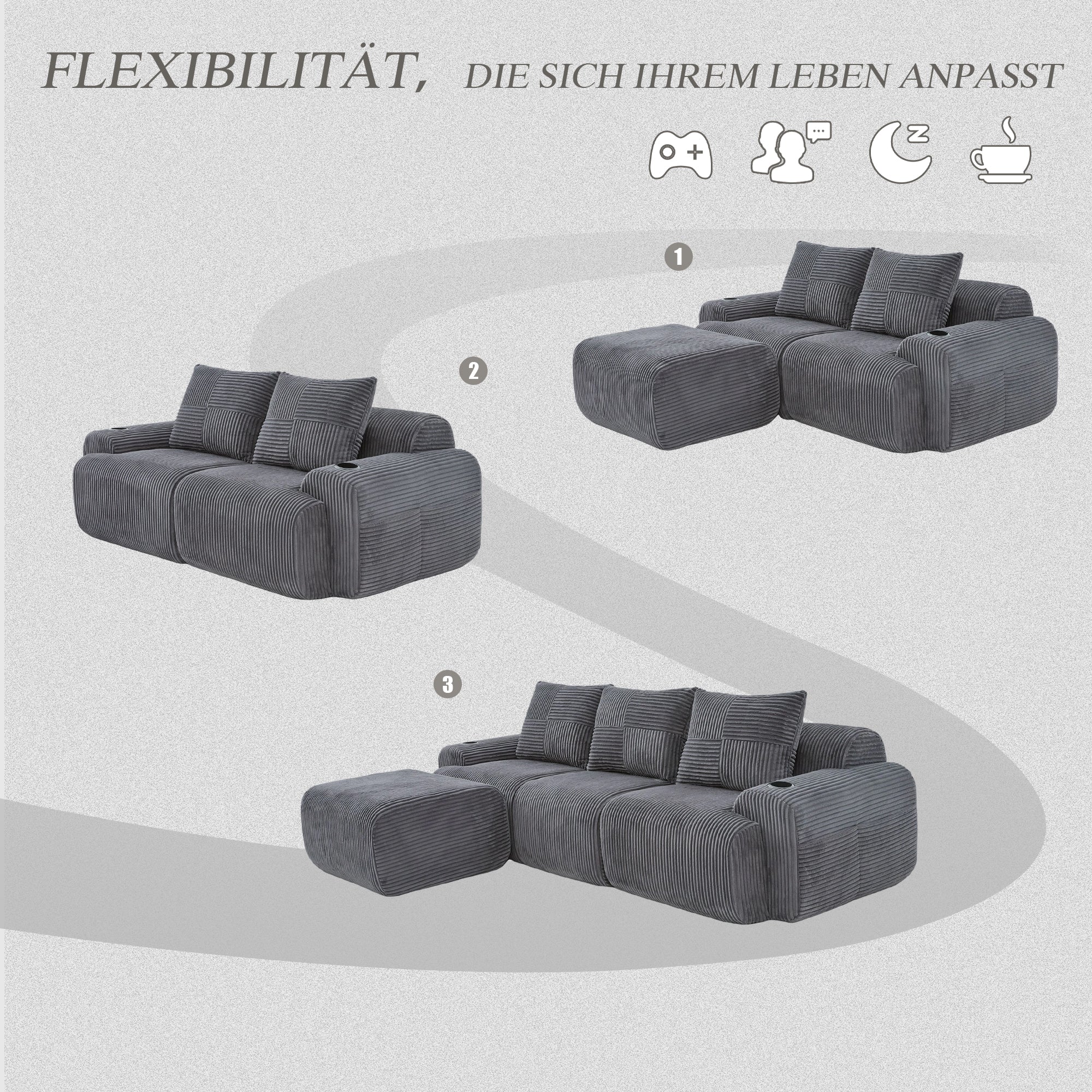 Modular Corduroy Sofa For 3 People  With Stools , Freely Combinable, Including Cup Holder And Side Storage Bag, Ideal For Living Room, Family Room And Other Rooms.