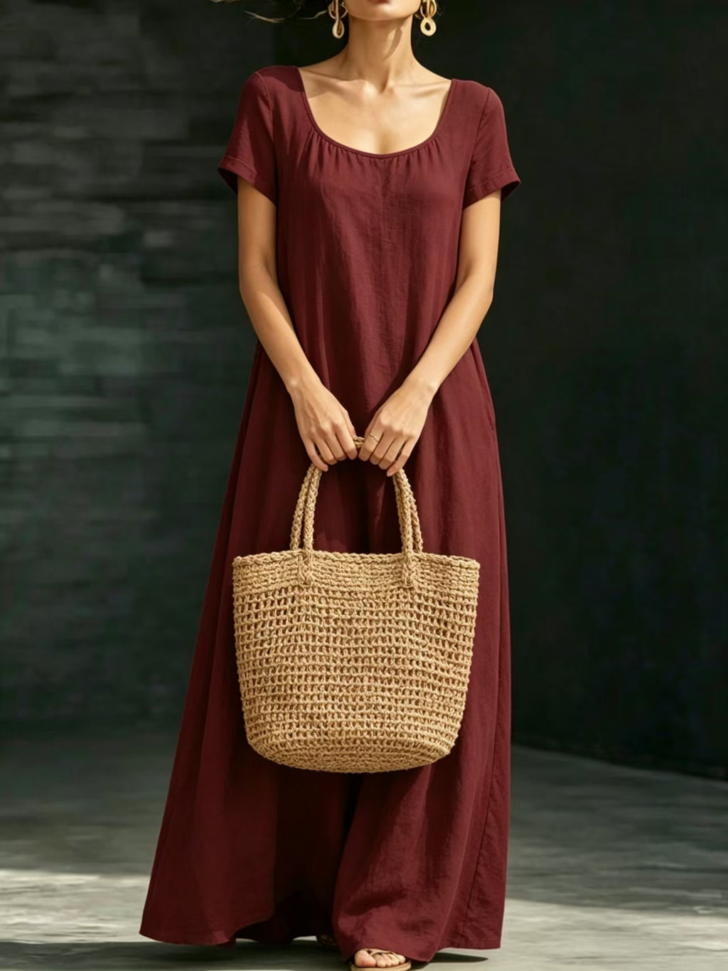 Summer Dress U-neck Short-sleeve Loose Casual Pure Color Full-skirted Long Dress
