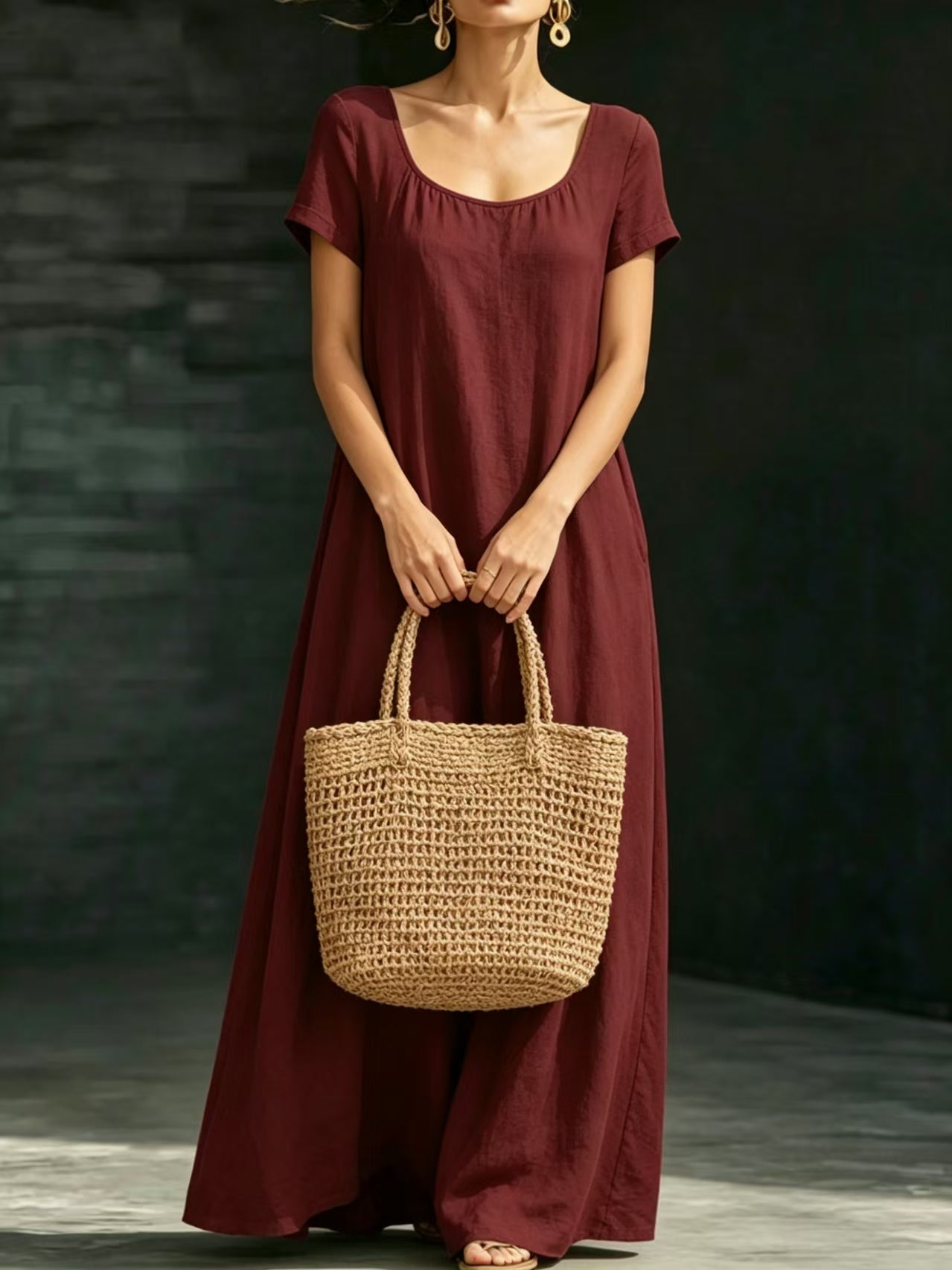 Summer Dress U-neck Short-sleeve Loose Casual Pure Color Full-skirted Long Dress