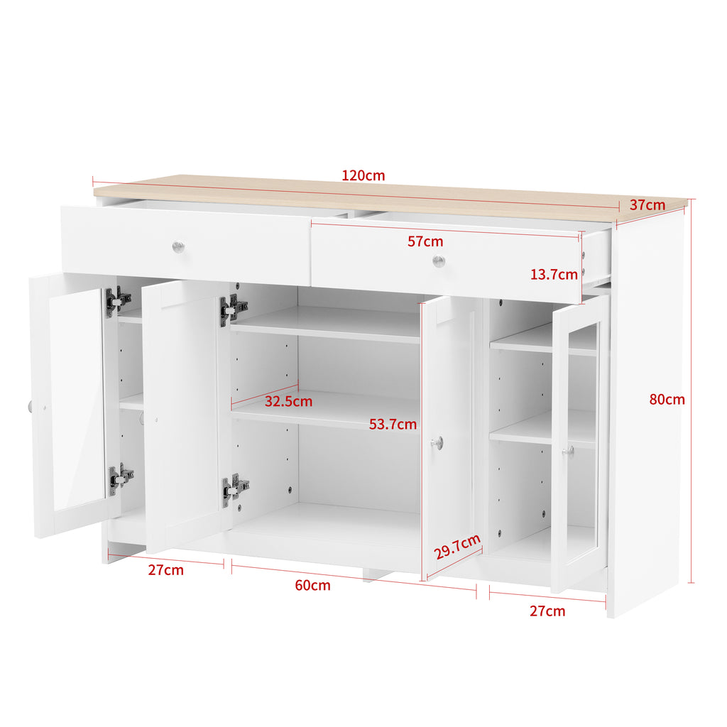 Sideboard With White Wood Grain, Four Doors, Two Drawers, And Glass-fronted Doors. Suitable For Living Room And Dining Room. Wood Finish And White.