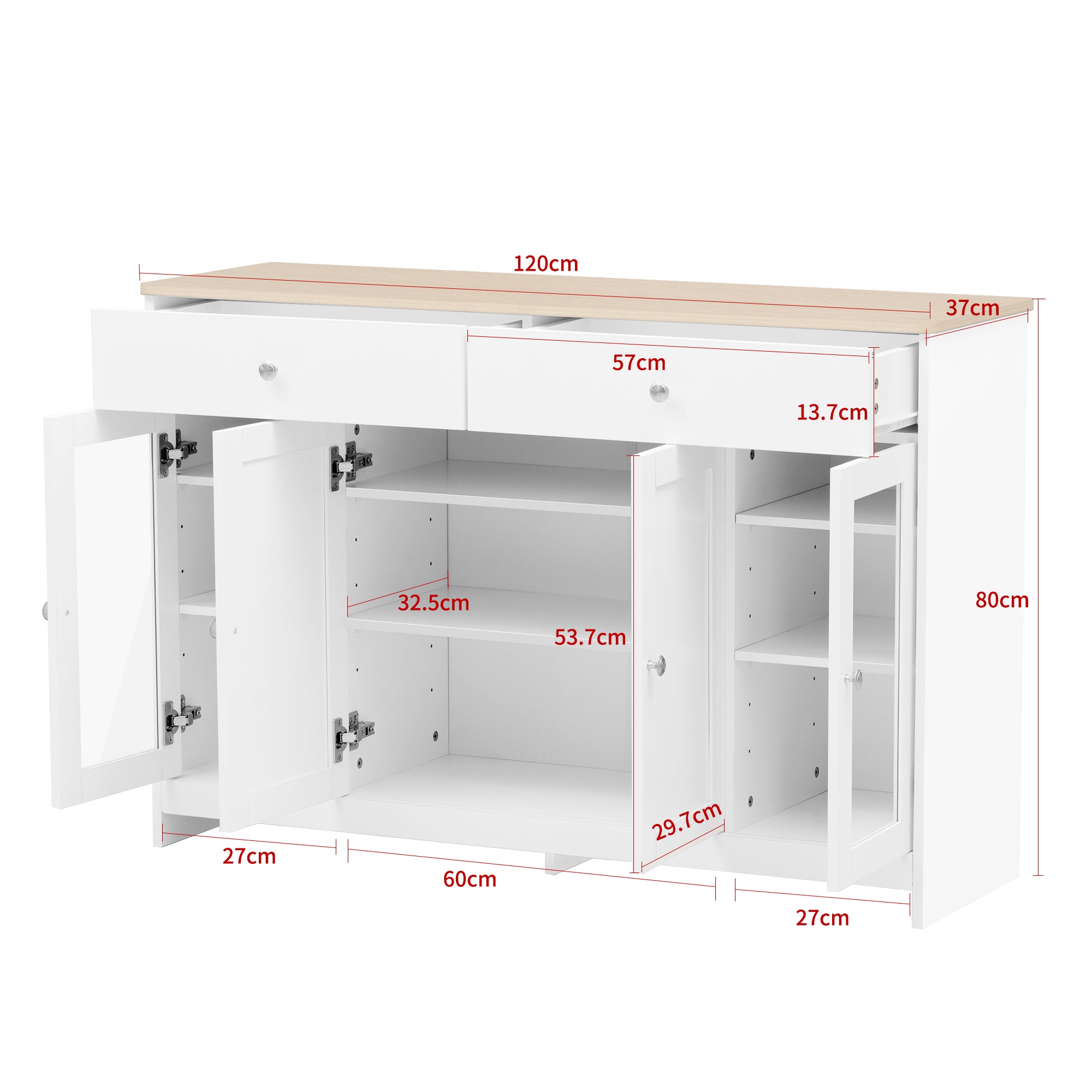 Sideboard With White Wood Grain, Four Doors, Two Drawers, And Glass-fronted Doors. Suitable For Living Room And Dining Room. Wood Finish And White.