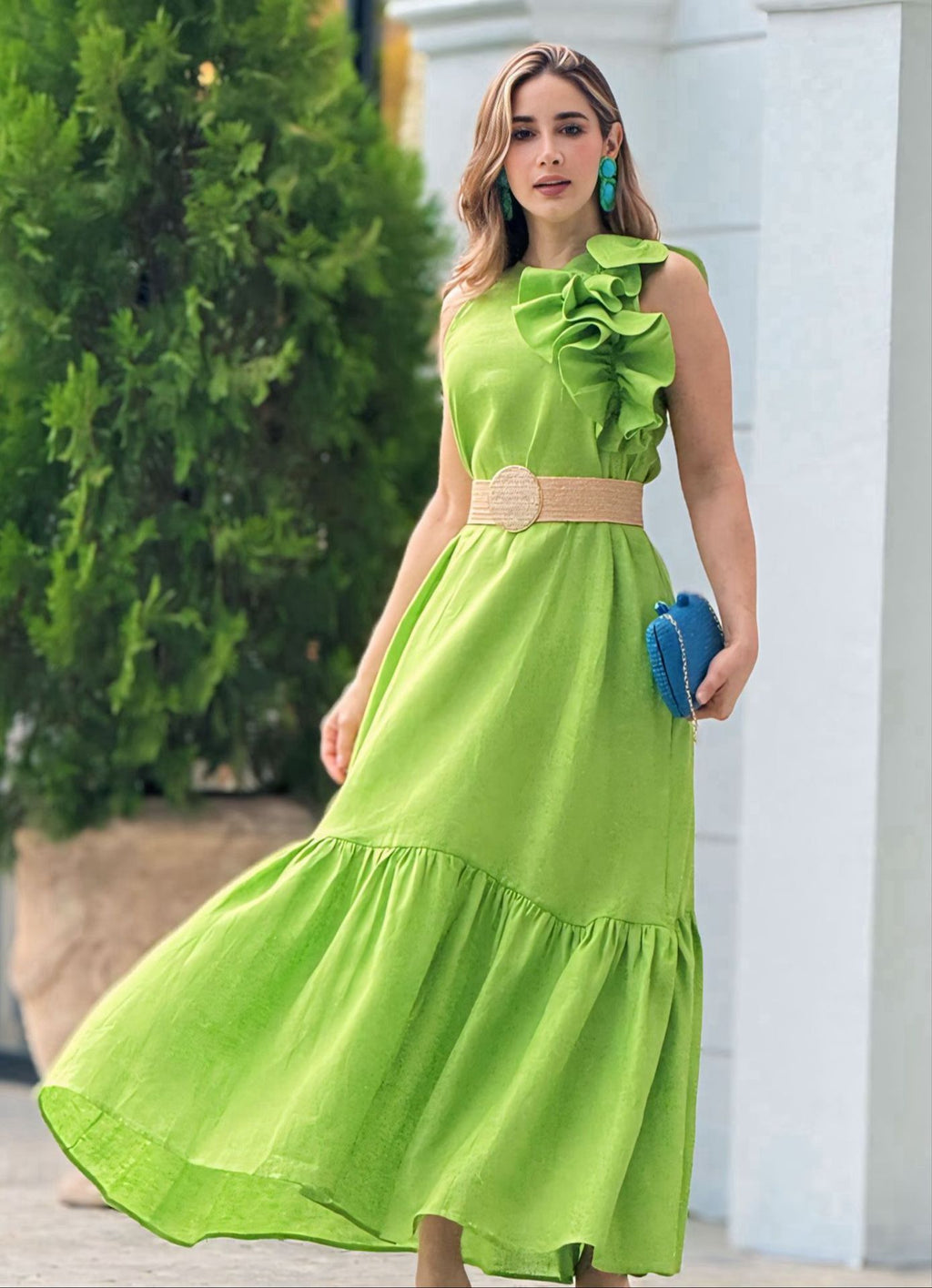 Ruffled-Trim Round-Neck Sleeveless Fashionable Casual Dress